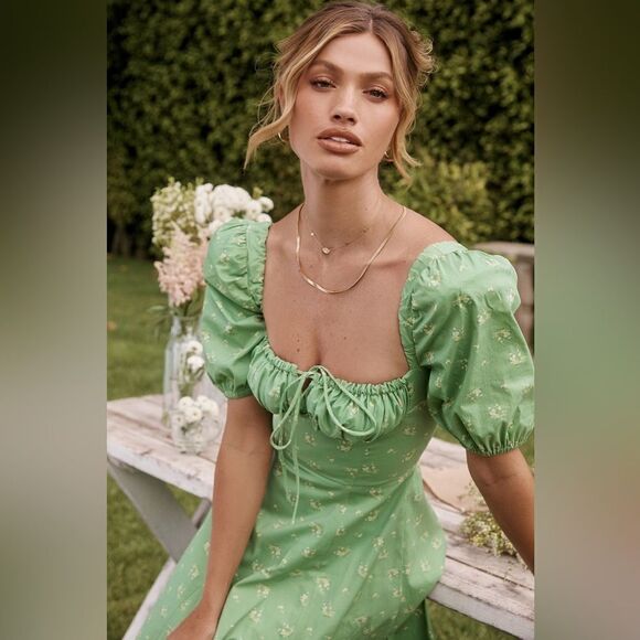 House of Cb Tallulah Olive Midi Green Dress Floral Puff Sleeve Size XS - Picture 3 of 14